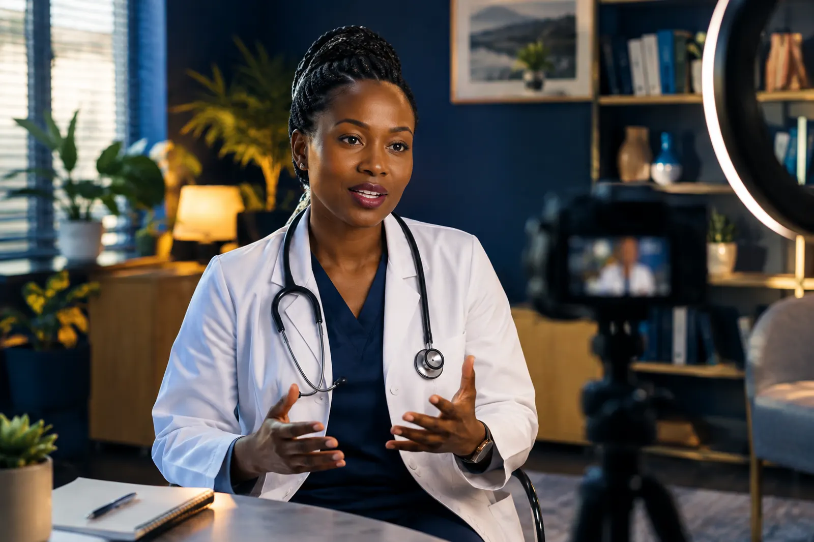 A doctor recording a video to camera in her office