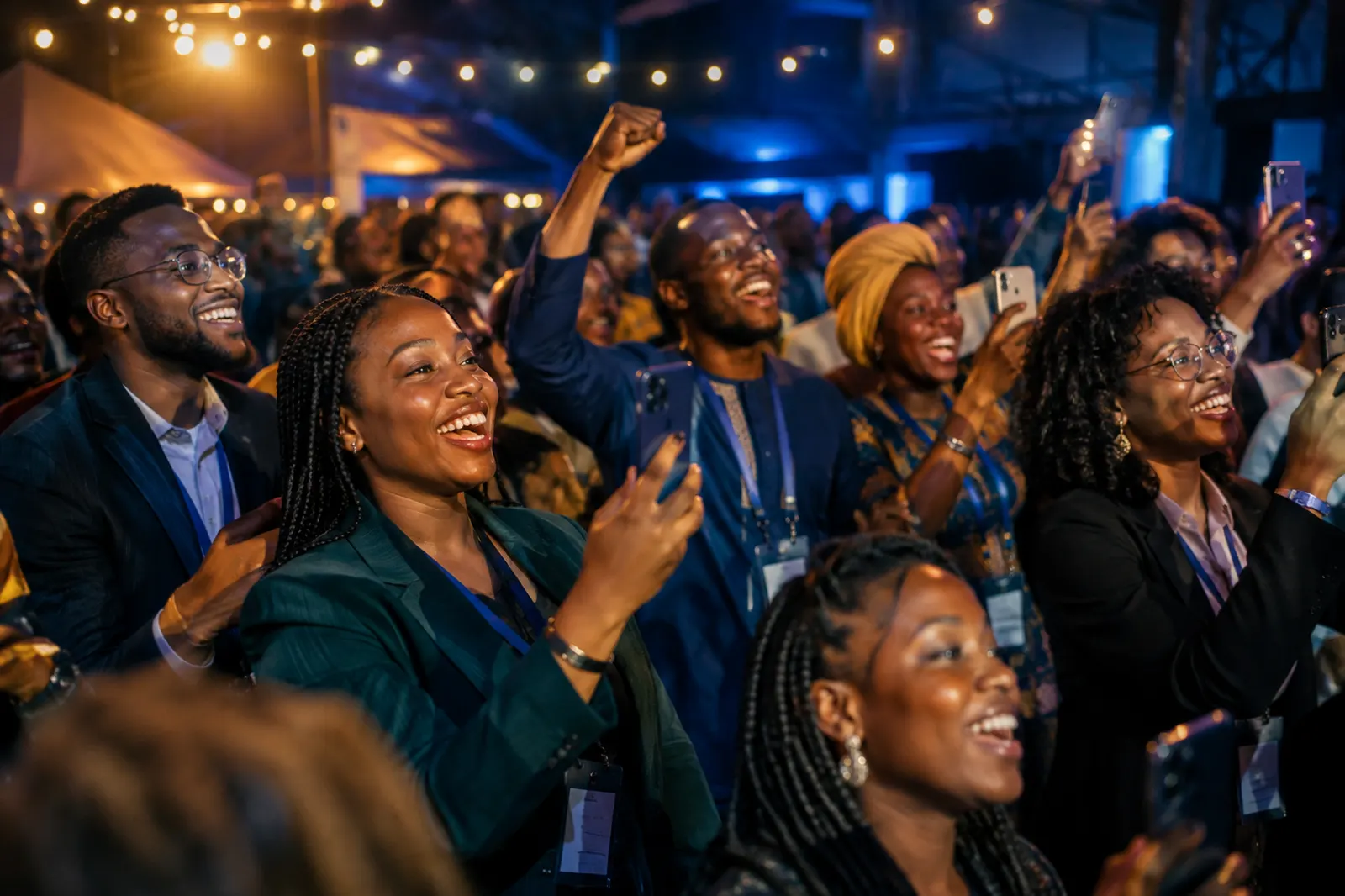 A crowd of young African entrepreneurs celebrating together