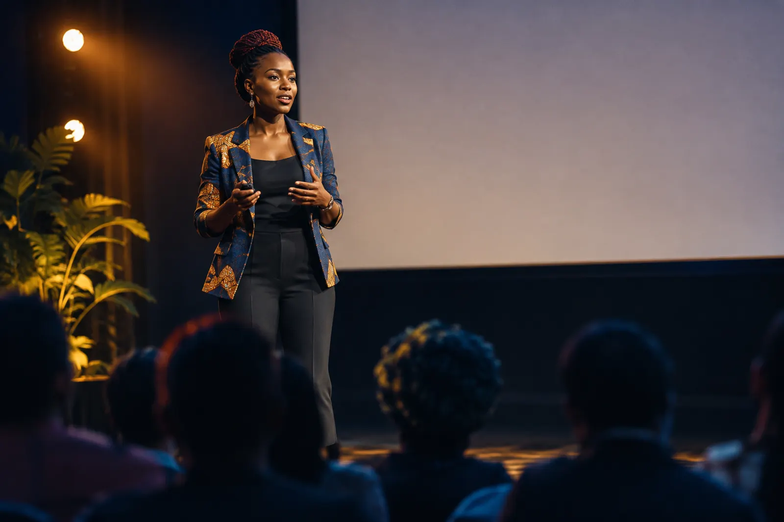 An entrepreneur presenting her business on stage