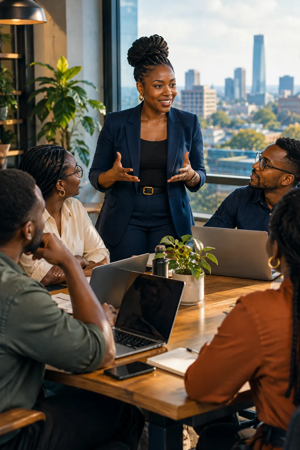 A founder leading her team around a table