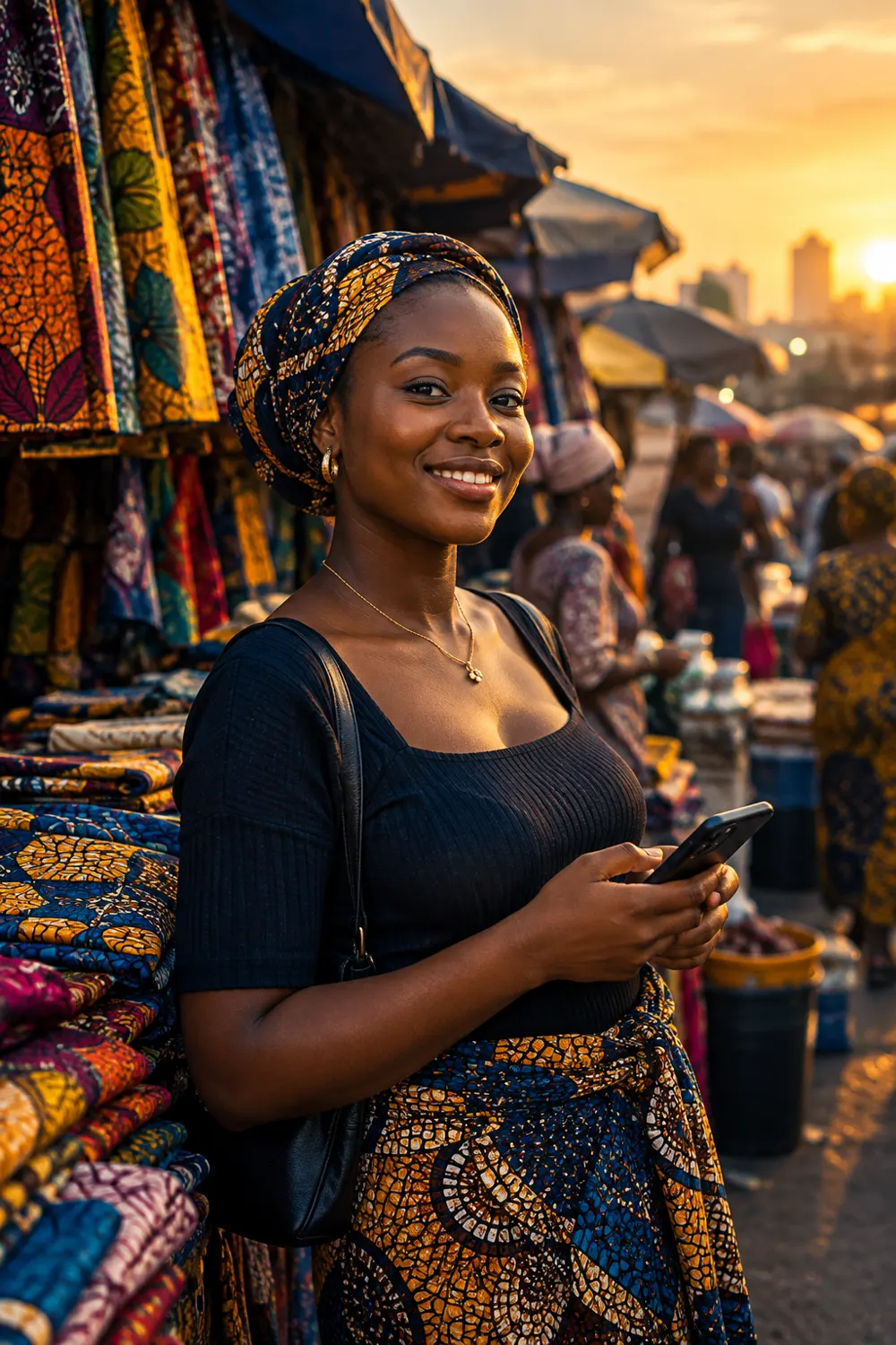 A young Nigerian entrepreneur at her market stall, phone in hand
