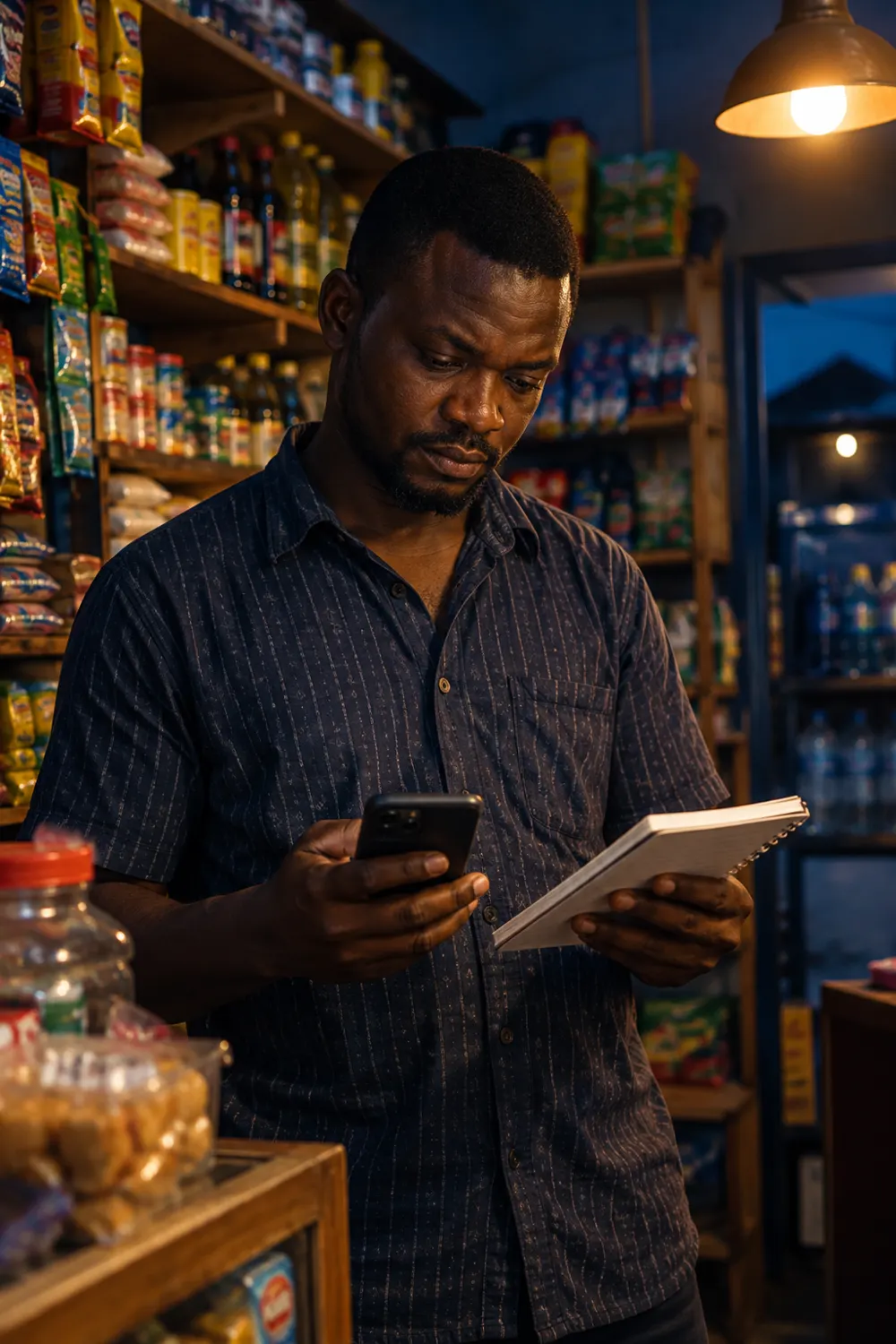 A shop owner reviewing his figures in the evening