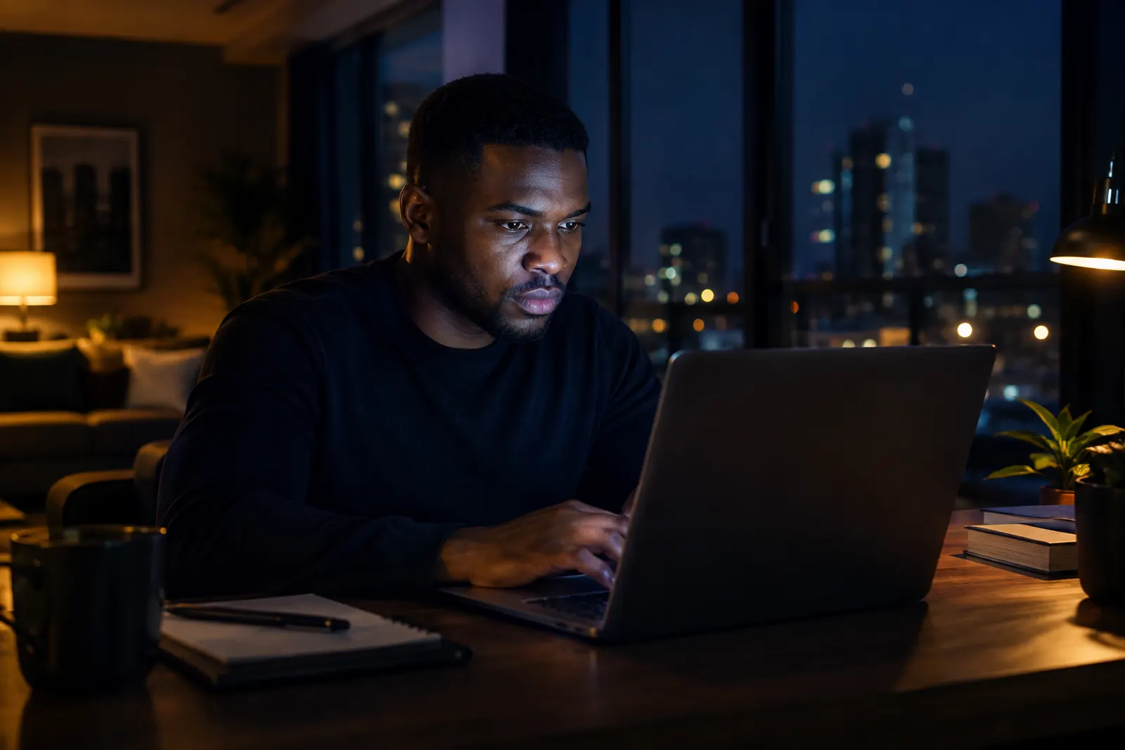 A founder building his business on a laptop late at night